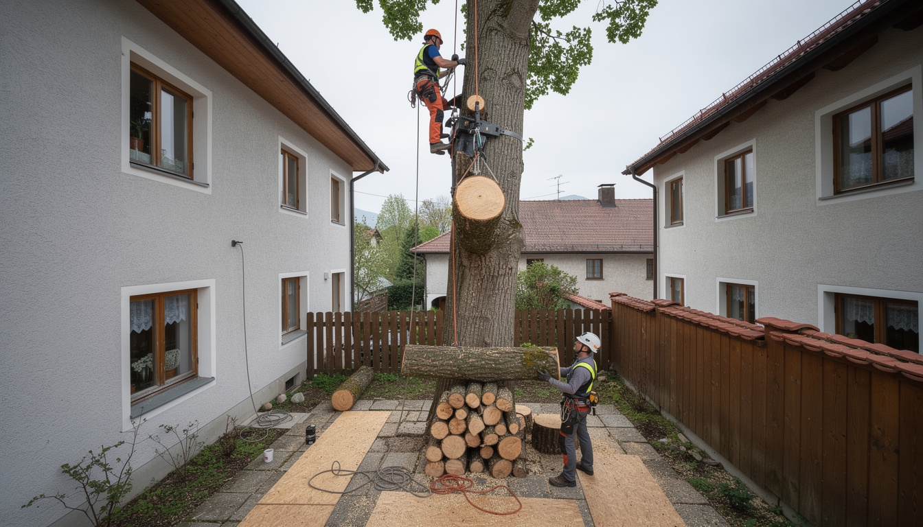 Baumfällung in beengten Verhältnissen durch schrittweise Abtragung von oben
