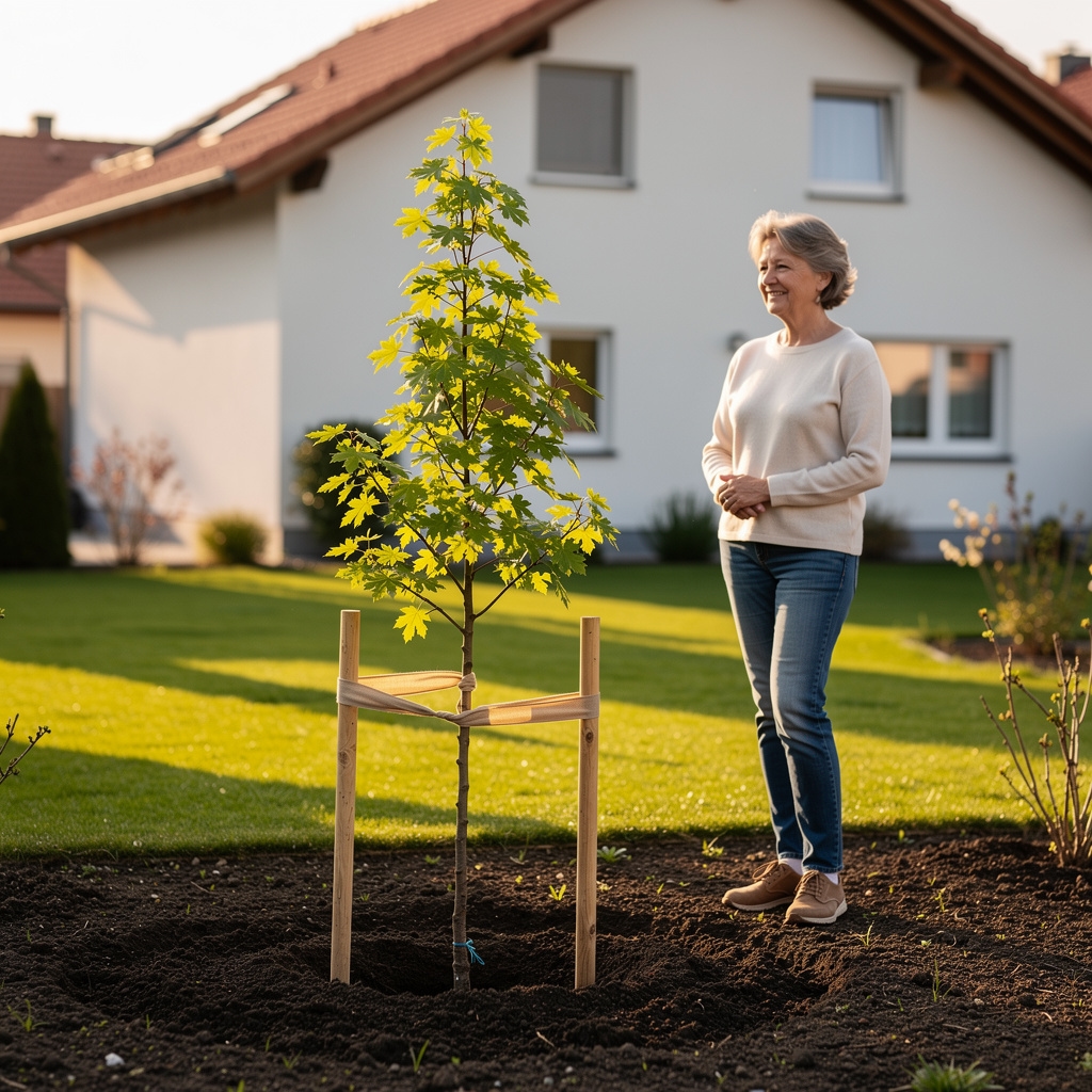 Junger Baum nach der Nachpflanzung in einem Stadtgarten in Salzburg