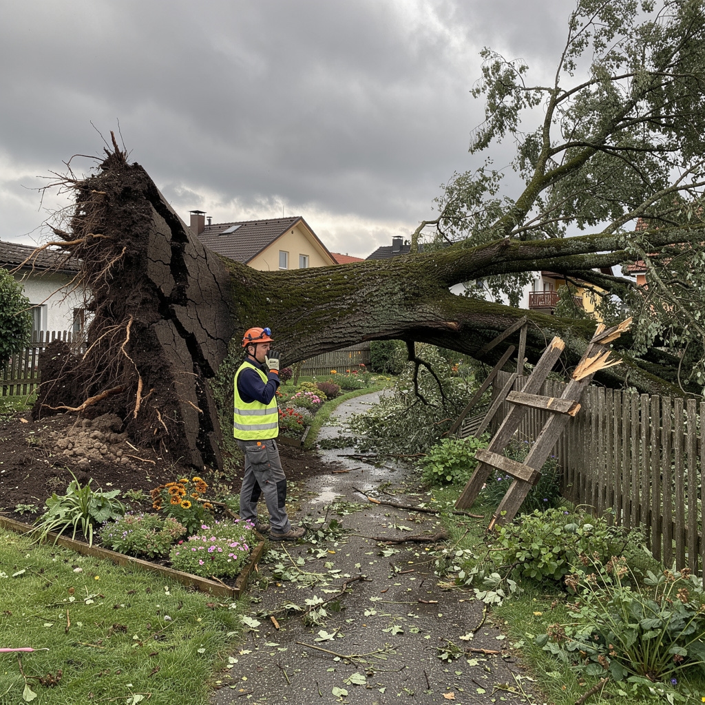 Umgestürzter Baum nach Sturm in einem Salzburger Wohngebiet
