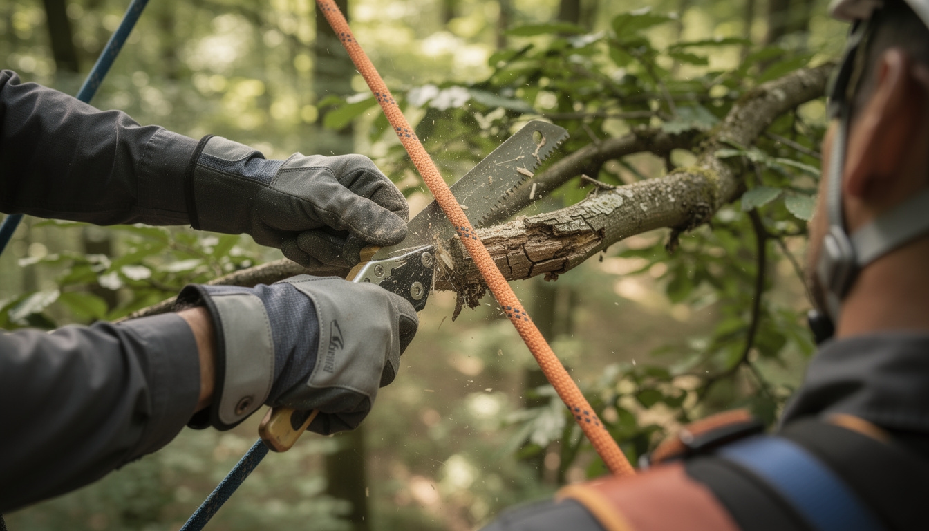 Detailaufnahme der Seilklettertechnik bei Totholzentfernung an einem Großbaum